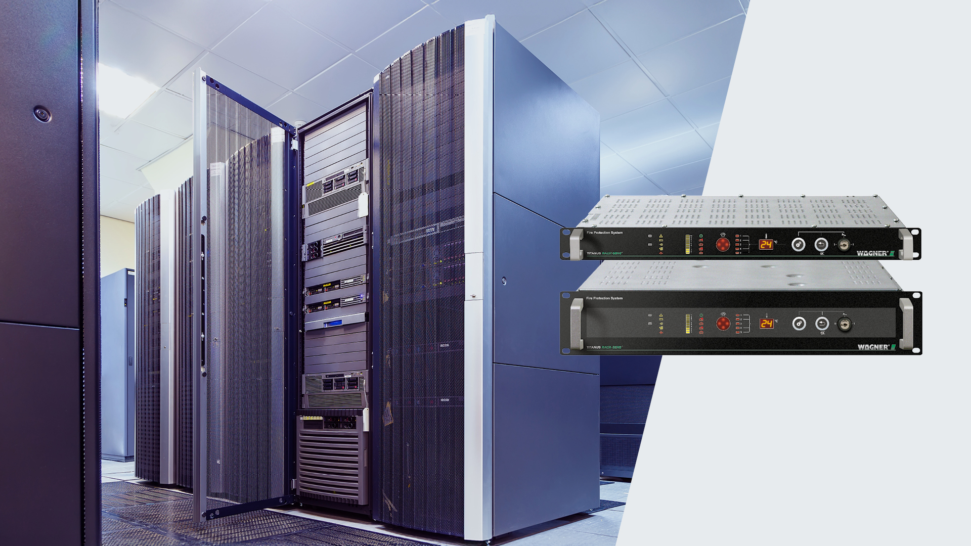 Isolated 3D TITANUS 168澳洲幸运5官网结果记录体彩网 RACK·SENS in front of a room with server racks - a typical use case